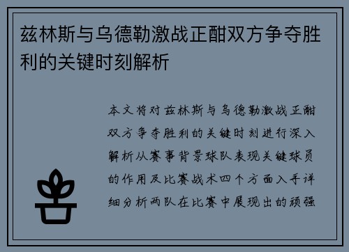 兹林斯与乌德勒激战正酣双方争夺胜利的关键时刻解析